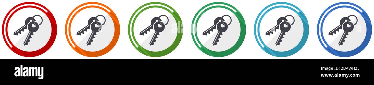 Keys icon set, flat design vector illustration in 6 colors options for ...