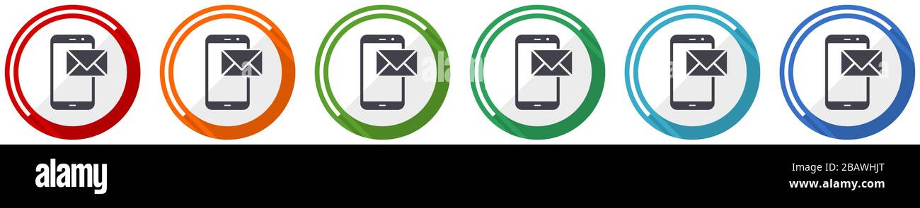 Mail icon set, flat design vector illustration in 6 colors options for ...