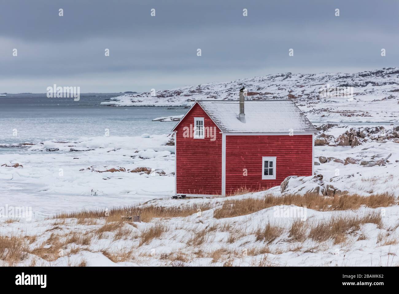 Stage on the waterfront of the village of Joe Batt's Arm, on Fogo island, Newfoundland, Canada {No property release; available for editorial licensing Stock Photo