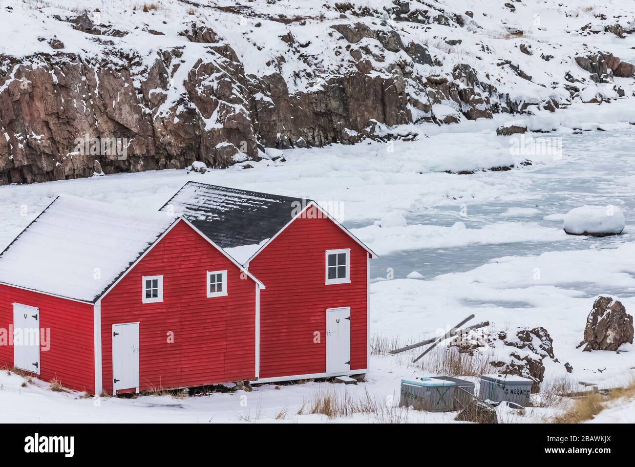 Stages on the waterfront of the village of Joe Batt's Arm, on Fogo island, Newfoundland, Canada {No property release; available for editorial licensin Stock Photo