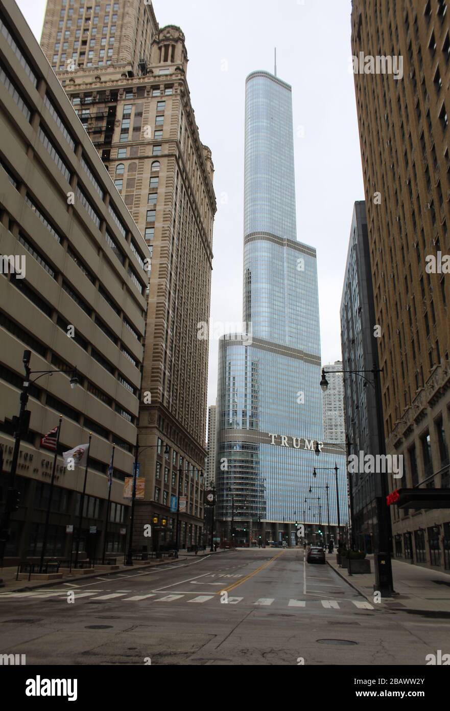 Trump International Hotel & Tower Chicago and other buildings on Wabash Avenue during the 2020 shelter-in-place order Stock Photo