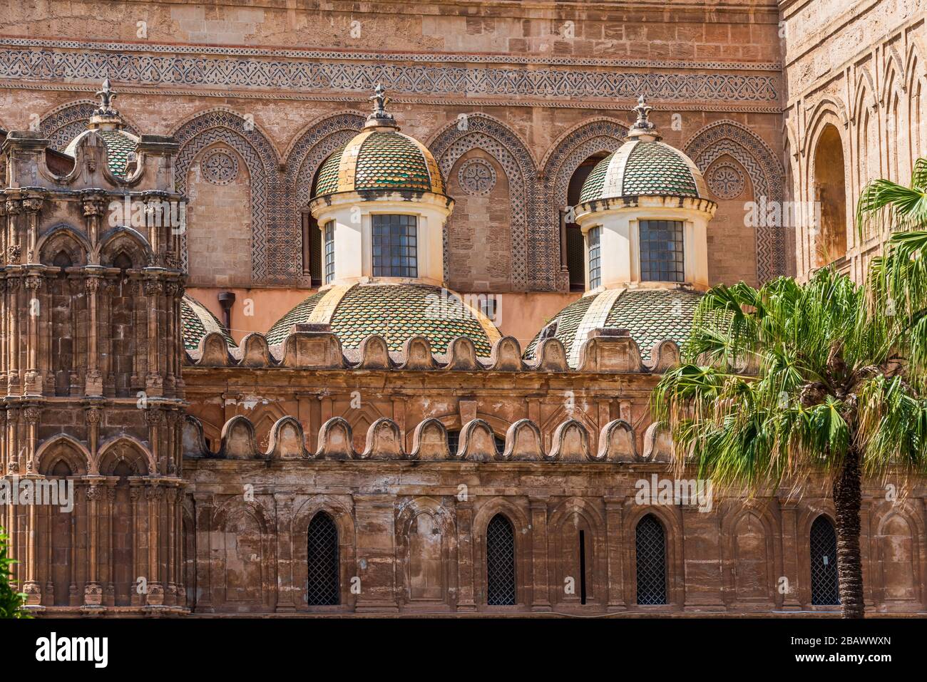 Two domes of the chapels of the Palermo Cathedral that is the cathedral church of the Roman Catholic Archdiocese of Palermo, located in Palermo, Sicil Stock Photo