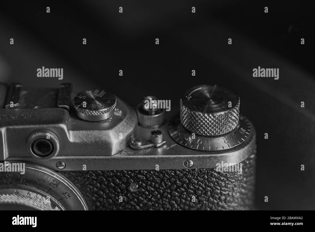 Close up of vintage camera. old retro technology. black and white photo. Stock Photo