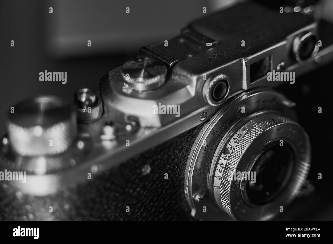 Close up of vintage camera. old retro technology. black and white photo. Stock Photo