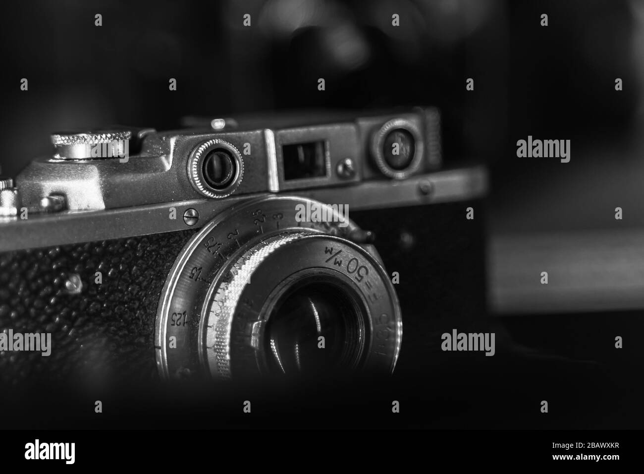 Close up of vintage camera. old retro technology.black and white photo. Stock Photo