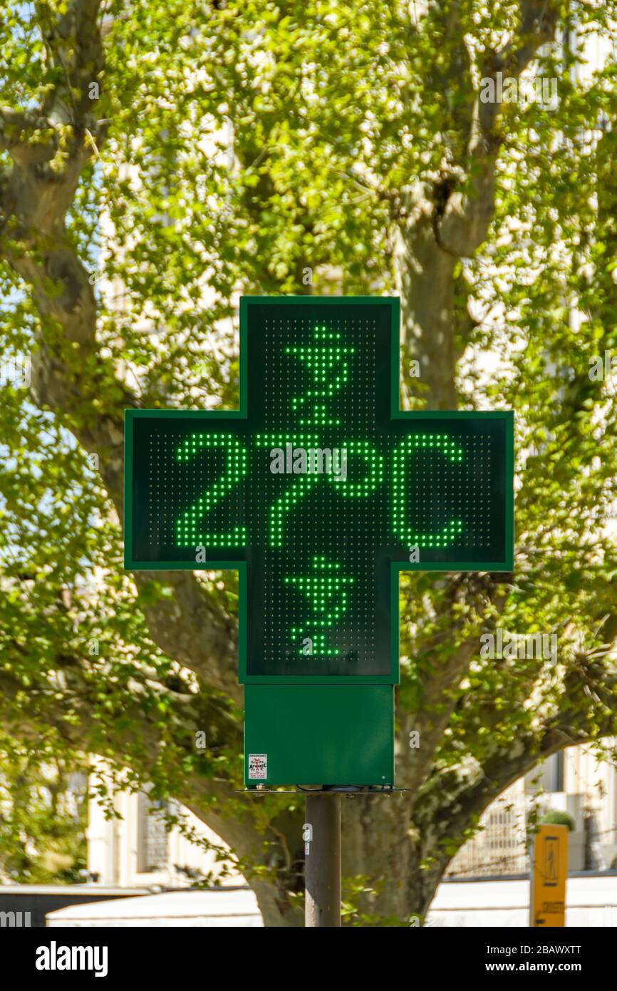 CANNES, FRANCE APRIL 2019 Illuminated sign showing the outdoor