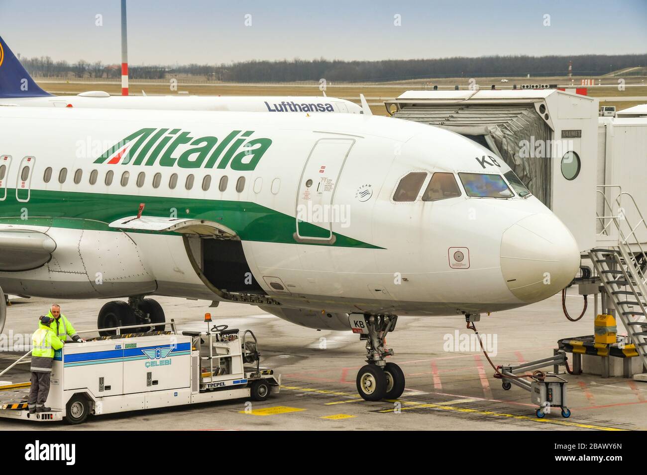 BUDAPEST, HUNGARY - MARCH 2019: Airbus A320 jet operated by Alitalia at Budapest airport. The cargo hold door is open Stock Photo