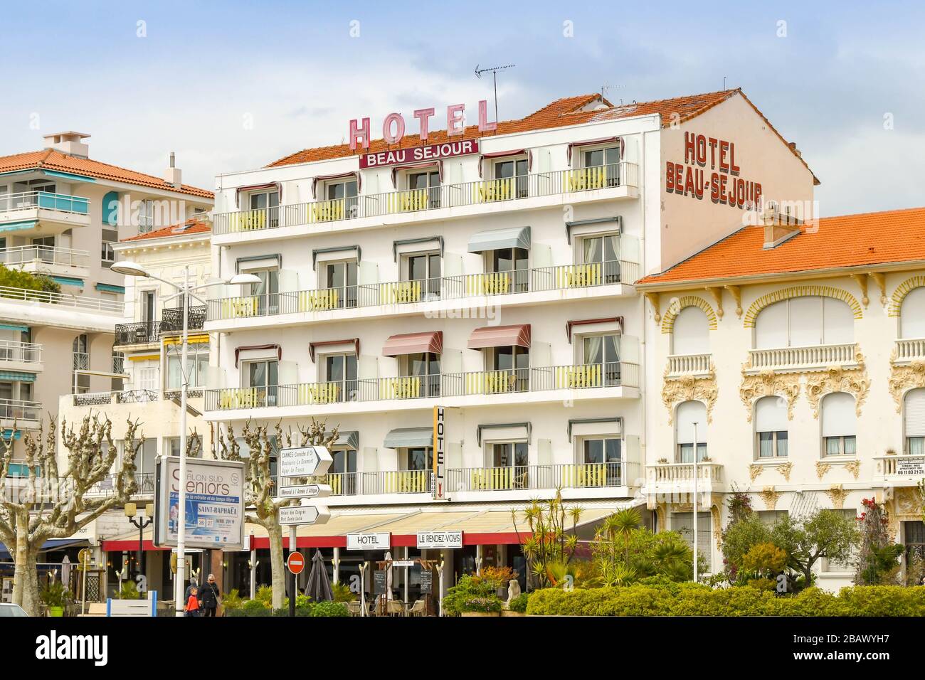 SAN RAPHAEL, FRANCE - APRIL 2019: Exterior view of the Hotel Beau Se-Jour in San Raphael. Stock Photo