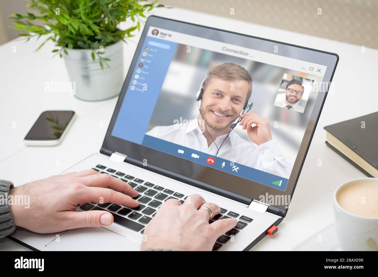 Virtual talking with friends, colleague and using video chat conference. Remote learning or work. Home quarantine or prevention of coronavirus infecti Stock Photo