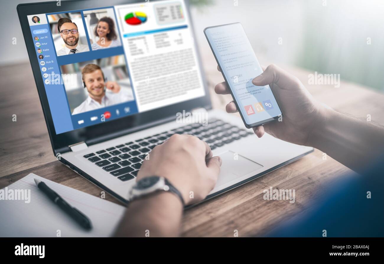 Virtual talking with friends, colleague and using video chat conference. Remote learning or work. Home quarantine or prevention of coronavirus infecti Stock Photo