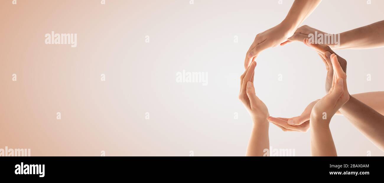 Symbol and shape of circle created from hands.The concept of unity, cooperation, partnership, teamwork and charity. Stock Photo