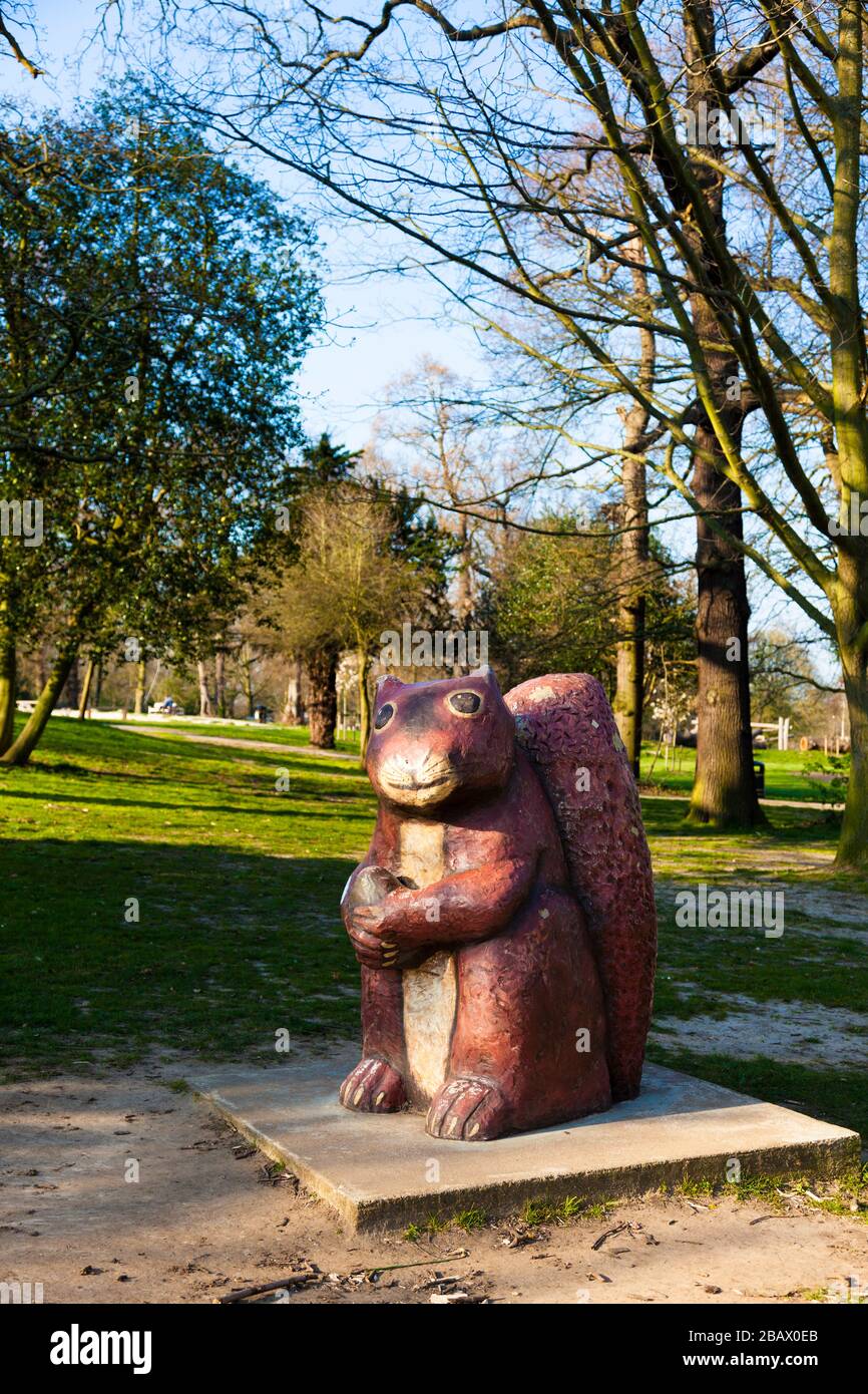 Concrete squirrel, Beckenham Place Park, Beckenham, London, UK Stock Photo