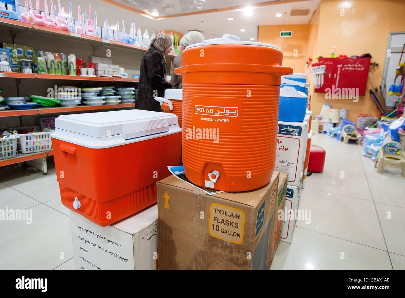 Amman, Jordan, May 1, 2009: Drinking water cooler tanks on sale in a store in Amman, Jordan. Stock Photo