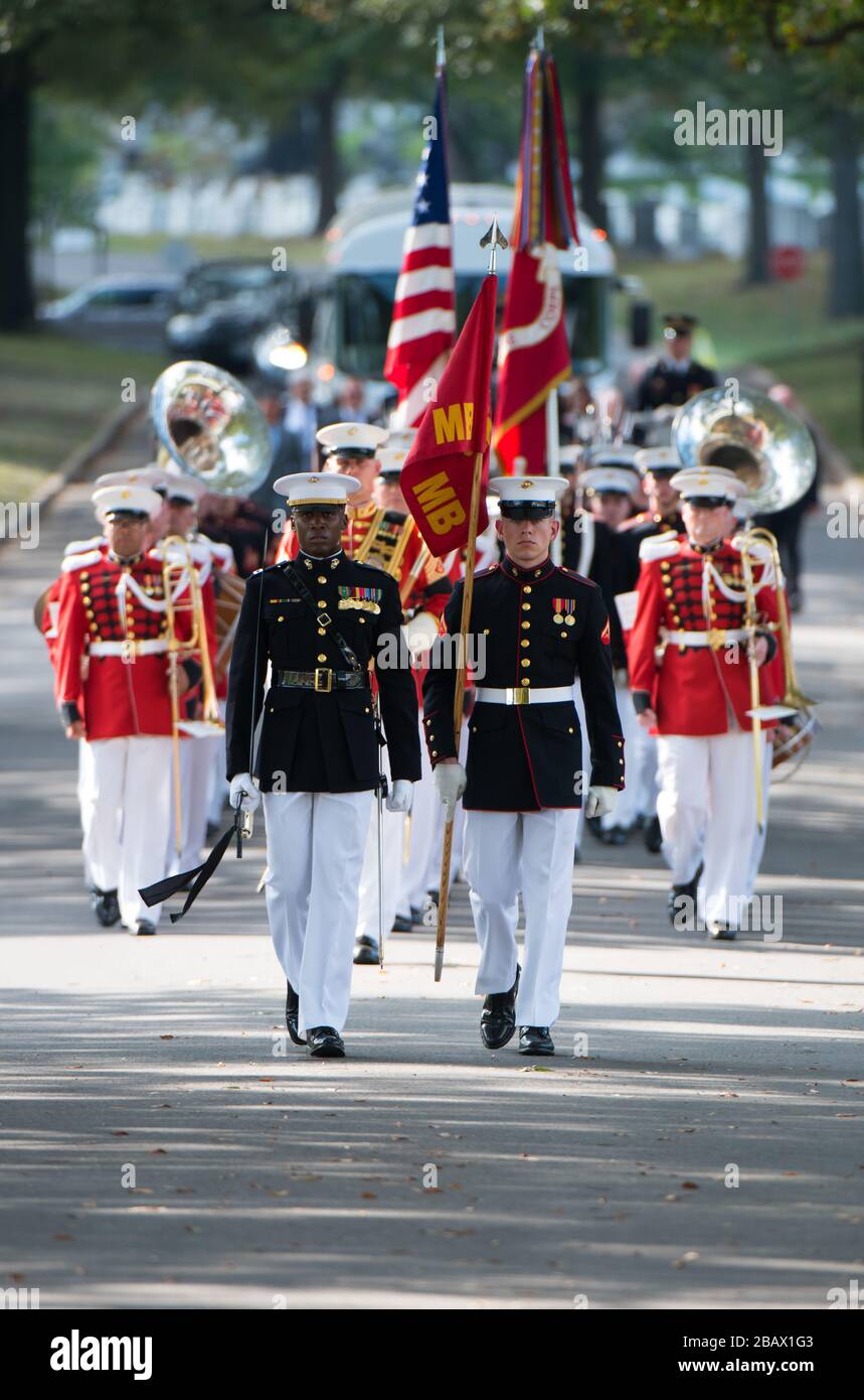 'Marines from Marine Barracks, Washington, D.C. (8th and I), The President's Own United States Marine Band, and 3d U.S. Infantry Regiment (The Old Guard) Caisson Platoon participated in the full honors funeral of U.S. Marine Corps 2nd Lt. George S. Bussa in Section 60 of Arlington National Cemetery, Arlington, Va., Oct. 10, 2017.  In November 1943, Bussa was assigned to Company F, 2nd Battalion, 8th Marines, 2nd Marine Division, which landed against stiff Japanese resistance on the small island of Betio in the Tarawa Atoll of the Gilbert Islands, in an attempt to secure the island. Over severa Stock Photo