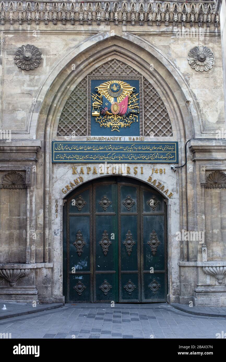 Famous Grand Bazaar doors, located in Beyazit, were closed due to the coronavirus pandemic. Stock Photo
