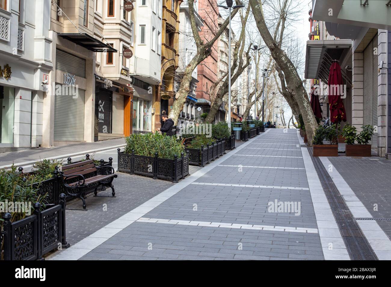 Empty view from Nuruosmaniye pedestrian boulevard which has the most stylish carpets, jewelry, and antiques shops of old city. Stock Photo