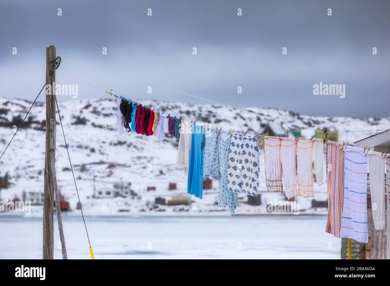 Laundry on the line in the village of Joe Batt's Arm on Fogo island, Newfoundland, Canada Stock Photo
