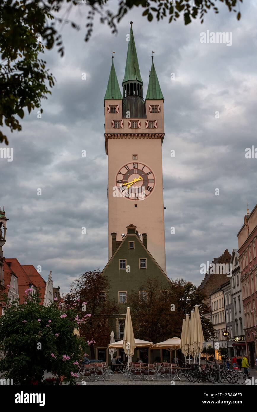 Clock Tower of the Town Hall in Straubing, Bavaria, Germany Stock Photo