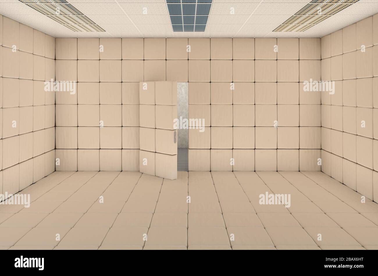 Empty padded cell with opened door. 3D rendering Stock Photo