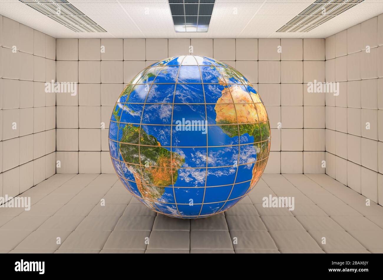 Padded cell with Earth Globe. 3D rendering Stock Photo