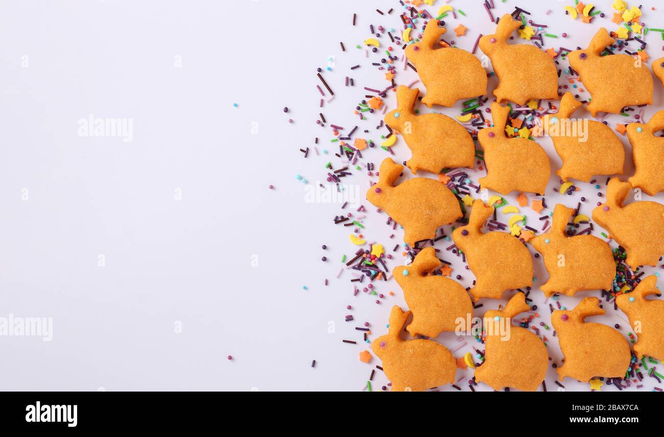 Easter cookies in the form of cute rabbits on a white background, the concept of a spring church holiday, Space for text Stock Photo