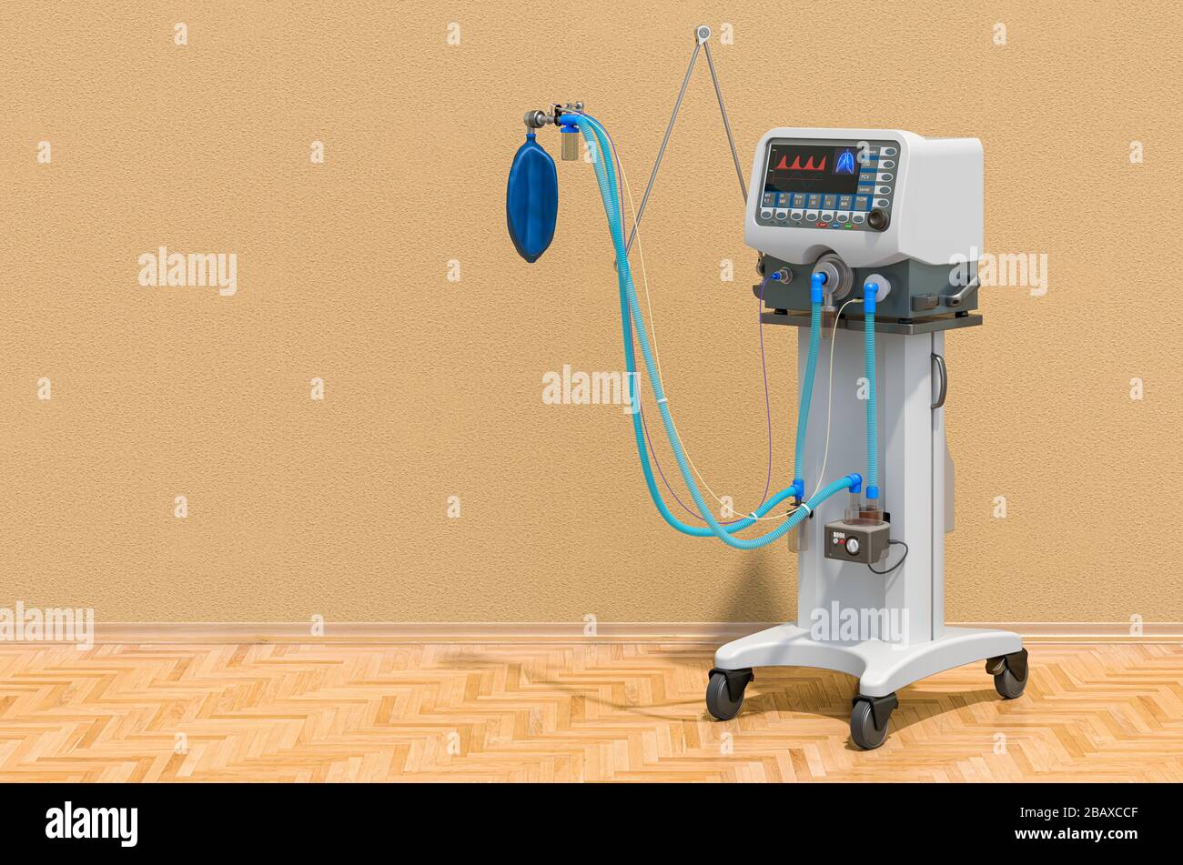 Medical ventilator in room on the wooden floor, 3D rendering Stock Photo