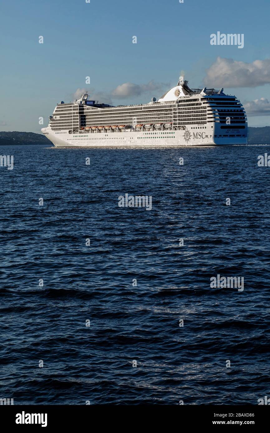 Cruise Ship Msc Poesia Departing From The Port Of Bergen Norway Sailing Under The Askoey Suspension Bridge Askoybroen Stock Photo Alamy