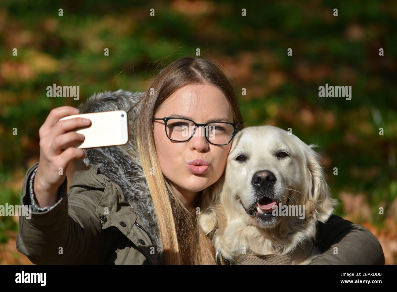 Young girl with spectacles posing and taking selfie with her golden retriever dog Stock Photo