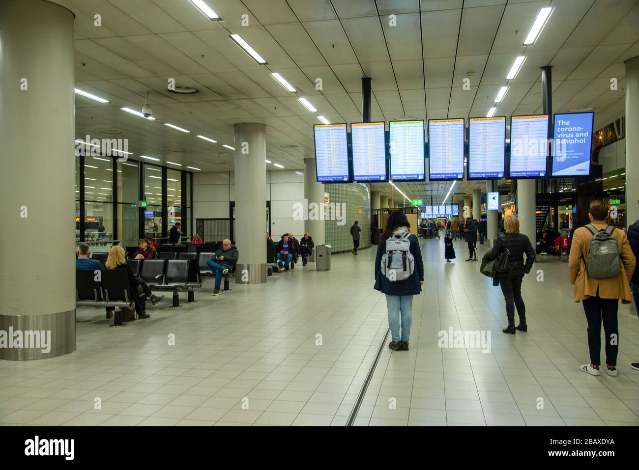 quiet airport Schiphol, Amsterdam, Holland during corona outbreak Stock Photo