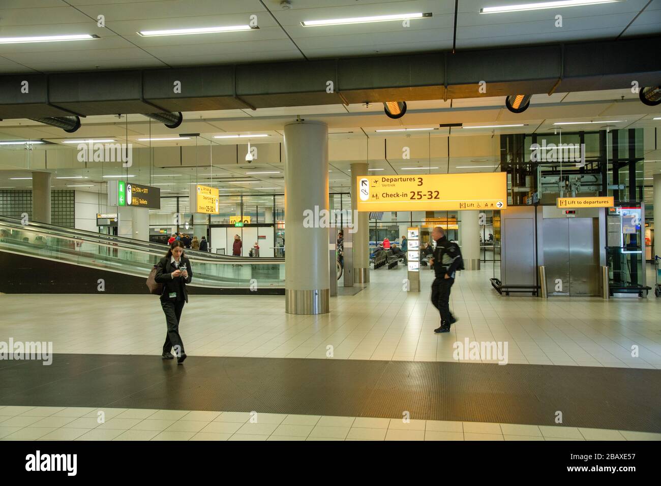 quiet airport Schiphol, Amsterdam, Holland during corona outbreak Stock Photo