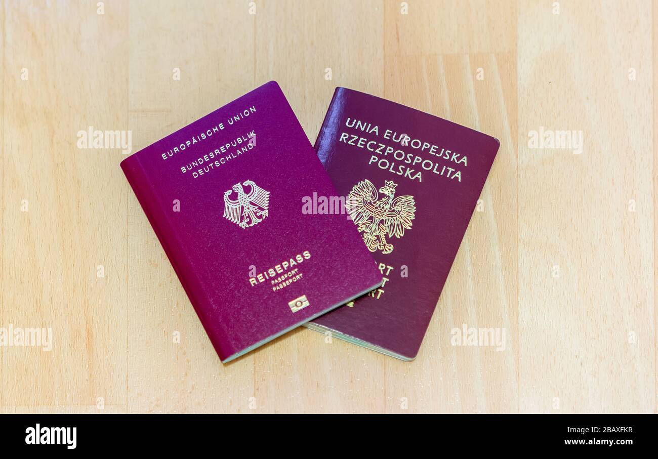 A German and a Polish passport - dual citizenship concept Stock Photo