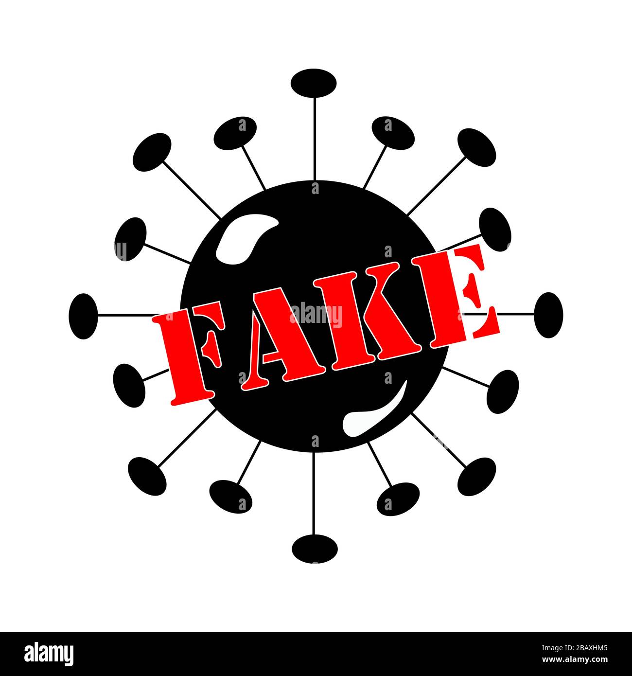 Covid19 coronavirus shape and red word FAKE on top of it. Concept for fake news, reports, statistics, fake information during global pandemic and quar Stock Photo