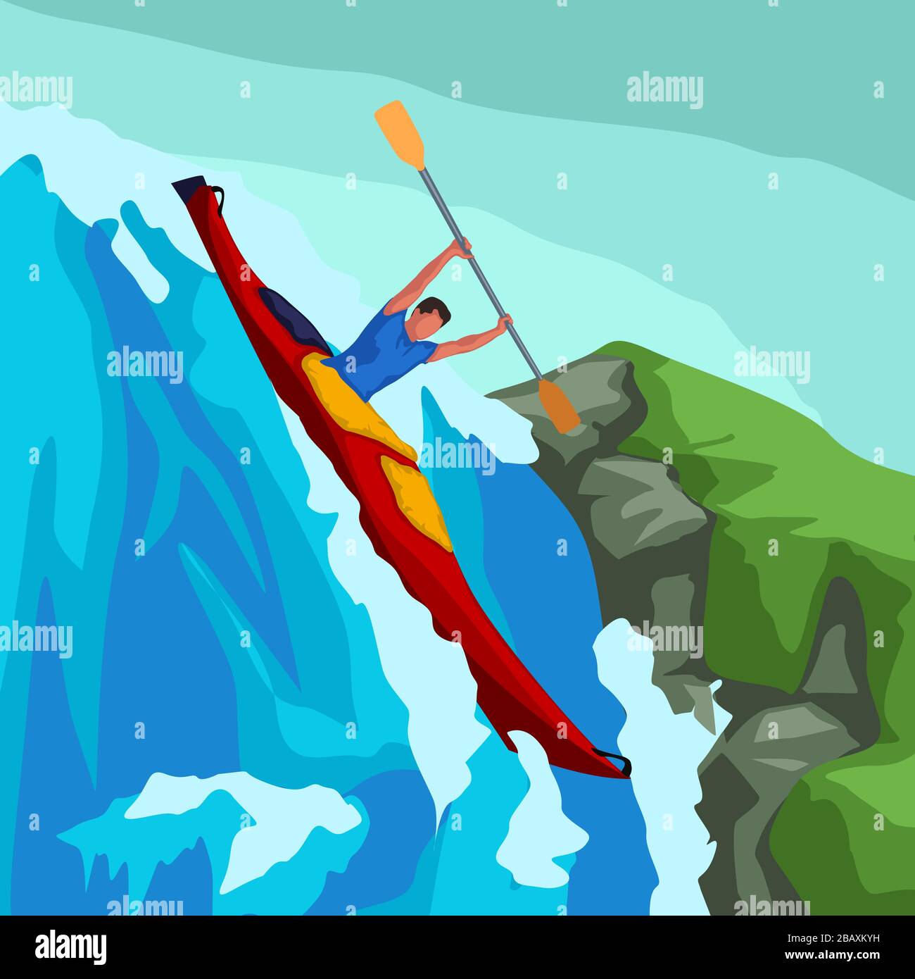 rafting man in red boat Stock Vector