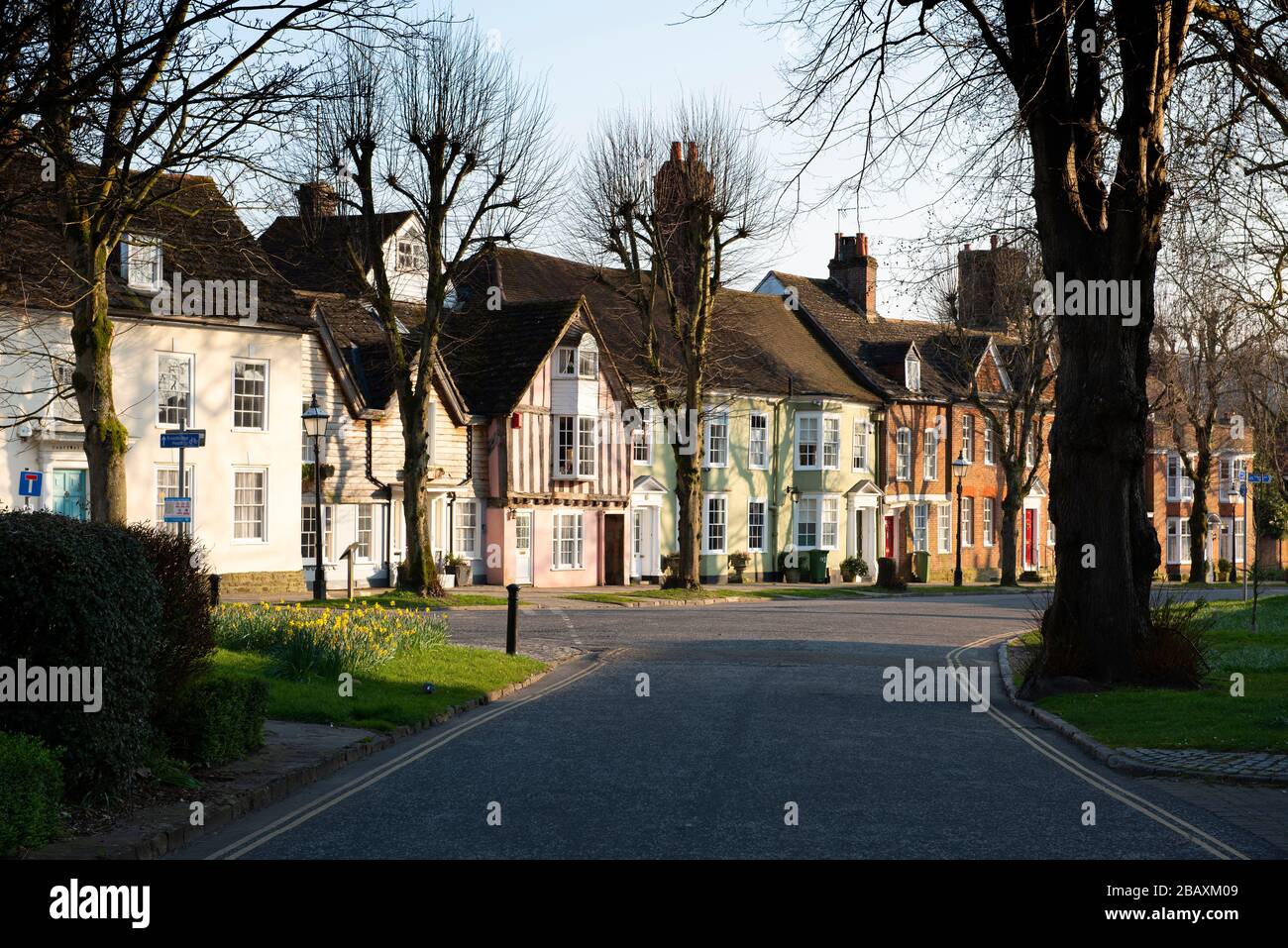 A view of the listed buildings from the 17th, 18th and 19th centuries on the eastern side of the Causeway, Horsham, West Sussex Stock Photo