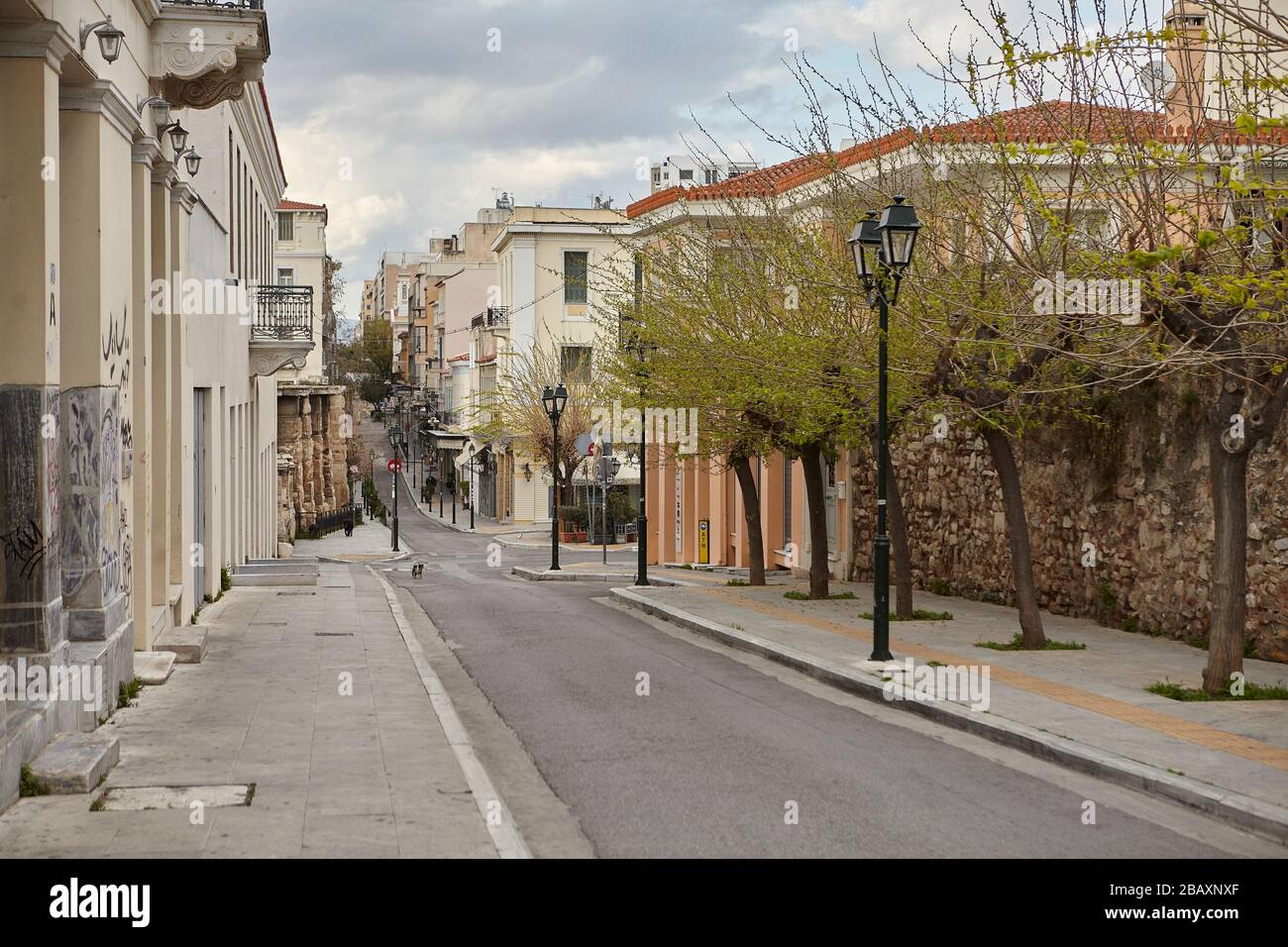 empty street and closed shop at plaka Athens Greece, coronavirus Stock Photo