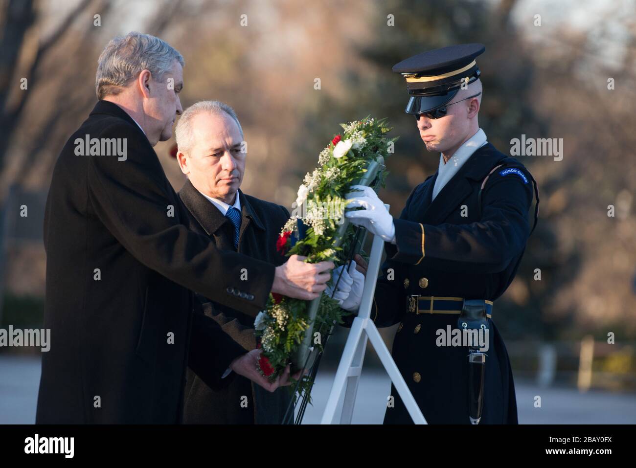 'North Atlantic Treaty Organization Permanent Representatives lay a wreath at the Tomb of the Unknown Soldier at Arlington National Cemetery, Jan. 14, 2016, in Arlington, Va. Dignitaries from all over the world pay respects to those buried at Arlington National Cemetery in more than 3000 ceremonies each year. (U.S. Army photo by Rachel Larue/Arlington National Cemetery/Released); 14 January 2016, 17:18; NATO Permanent Representatives lay a wreath at the Tomb of the Unknown Soldier in Arlington National Cemetery; Arlington National Cemetery; ' Stock Photo