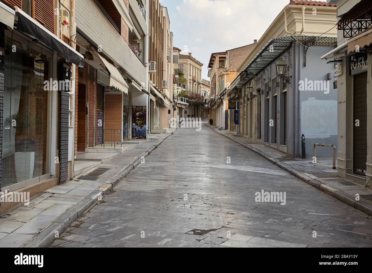 empty street and closed shop at plaka Athens Greece, coronavirus Stock Photo