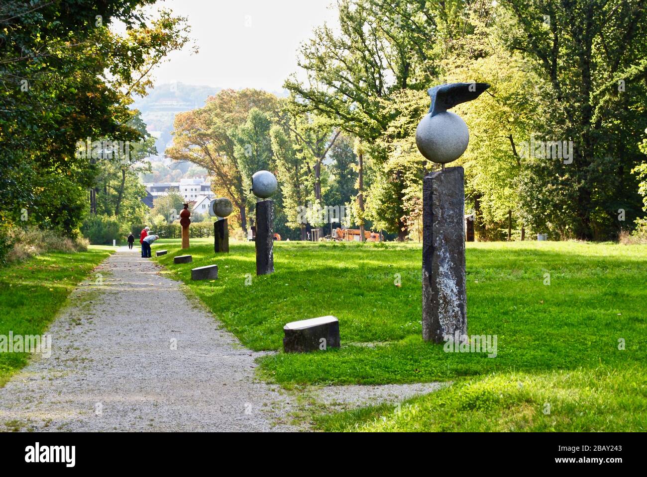 Bad Nauheim, Germany: Mercury, Venus, Earth, Mars at Goldsteinpark. Planet Trail (PlanetenWanderweg) with sculptures depicting each planet. Stock Photo