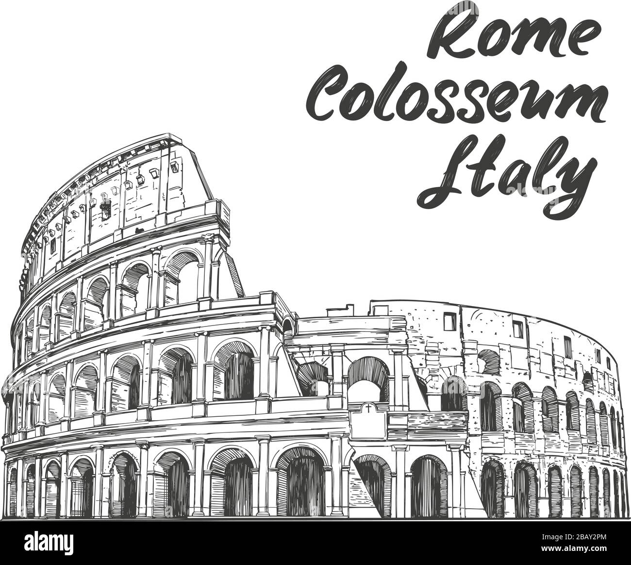 Colosseum, an ancient amphitheatre, an architectural historical landmark of Rome, Italy. hand drawn vector illustration sketch isolated on a white Stock Vector