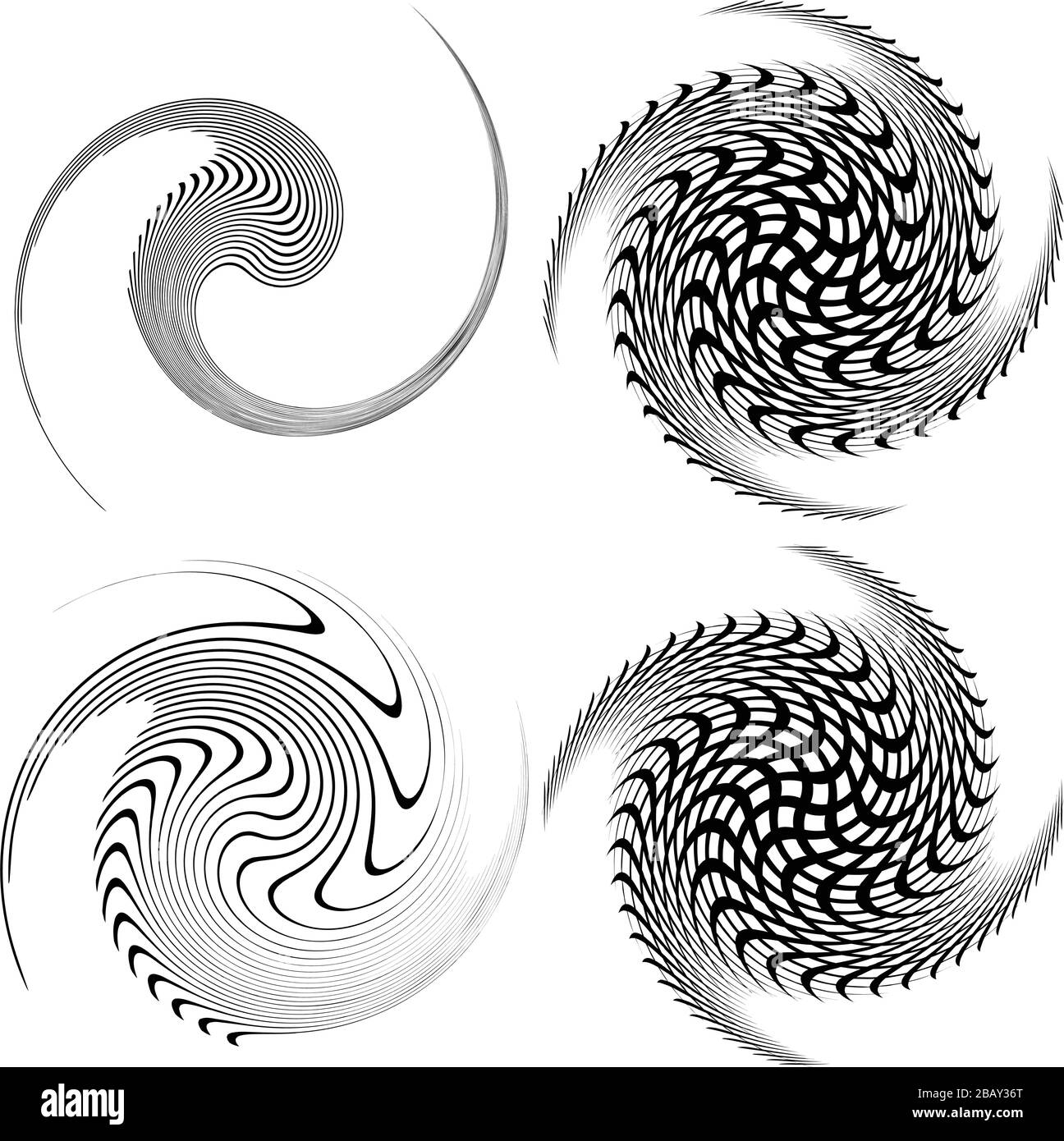 Set of black and white vortex, volute shapes. Twisted helix elements ...