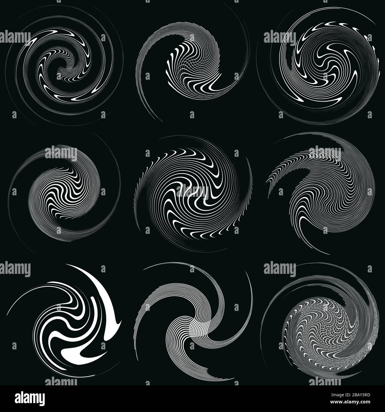 Set of black and white vortex, volute shapes. Twisted helix elements ...