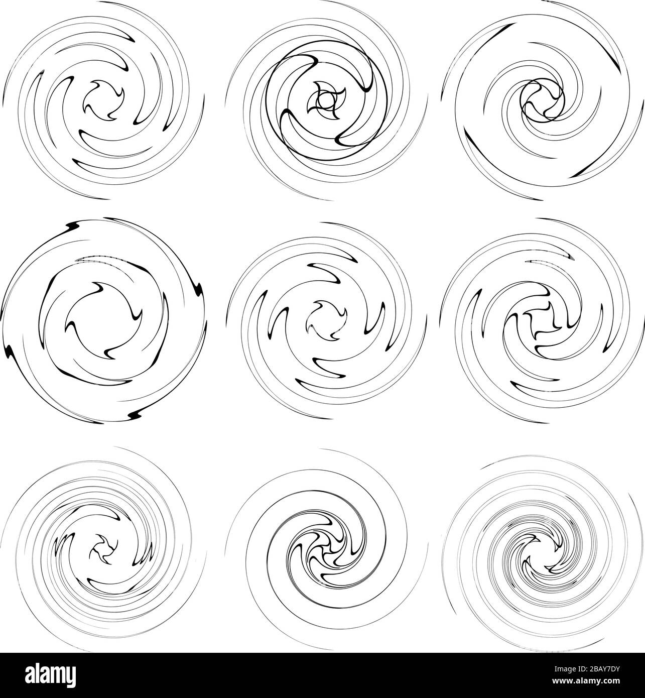 Set of black and white vortex, volute shapes. Twisted helix elements ...