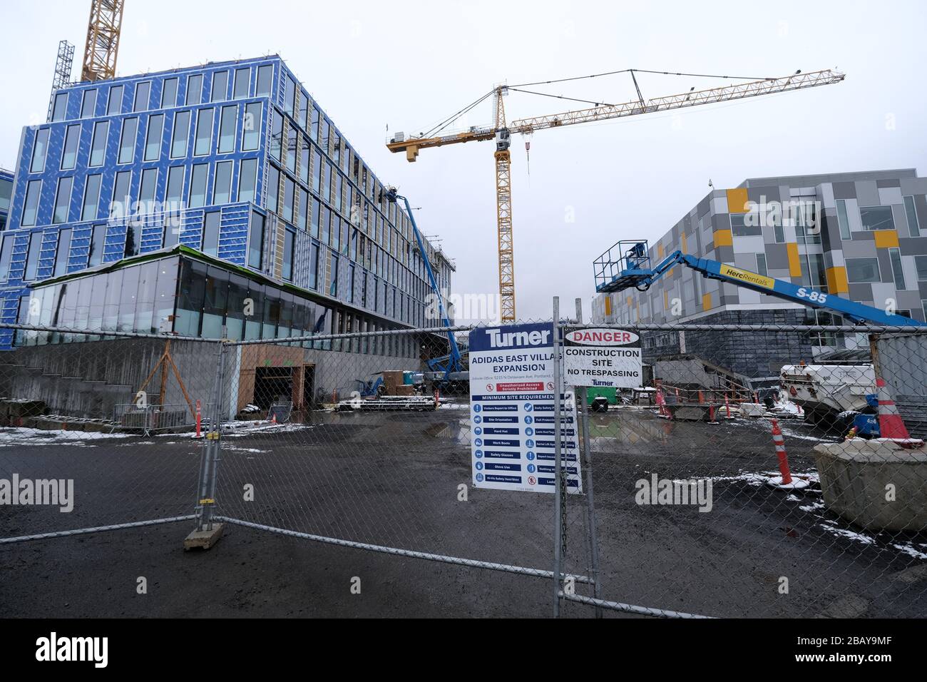 Portland, USA. 14th Mar, 2020. Construction work continues at the expansion  of the Adidas North American Headquarters in Portland, Ore., on March 14,  2020. The German shoe company closed all stores in