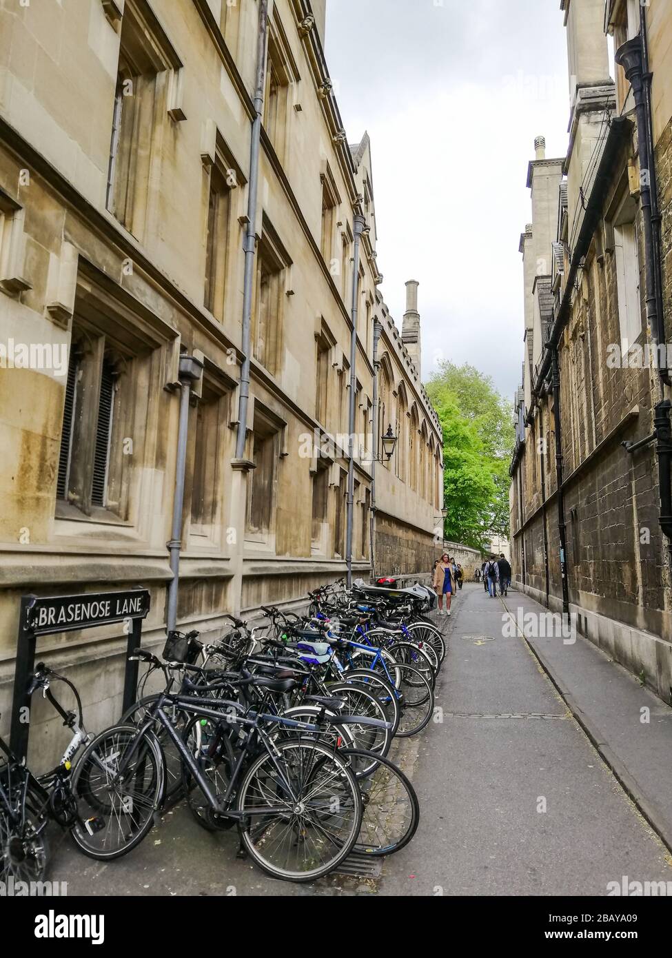 Brasenose lane, Oxford, England, United Kingdom. June 2019. Typical english street in the city of dreaming spires (stone architecture). Bike parking Stock Photo