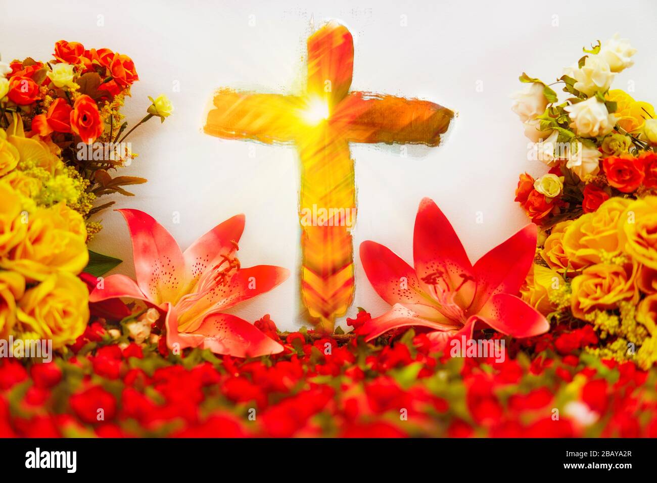 Beautiful Colorful Christian Cross In Beautiful Easter Flowers Stock Photo