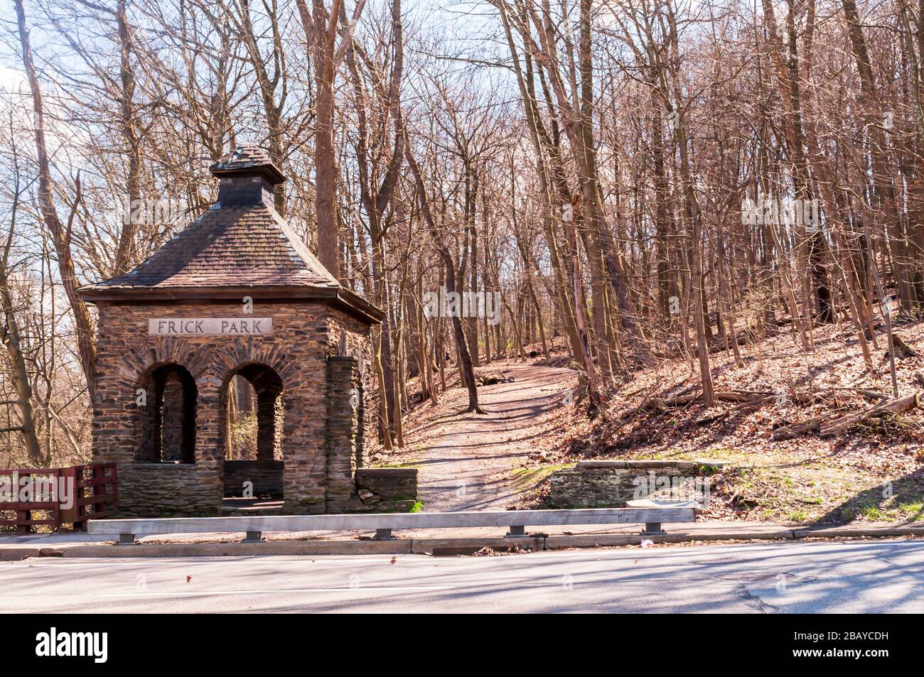 The Frick Park gatehouse at the end of the Forbes Avenue bridge with a