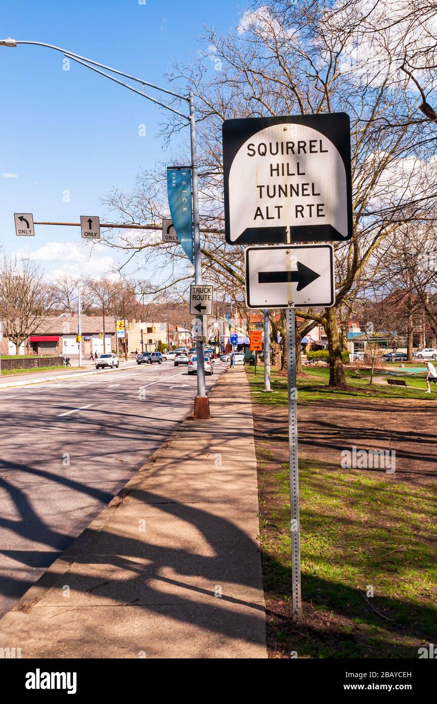 The Squirrel Hill Tunnel Alt Route sign on Forbes Avenue in Frick Park