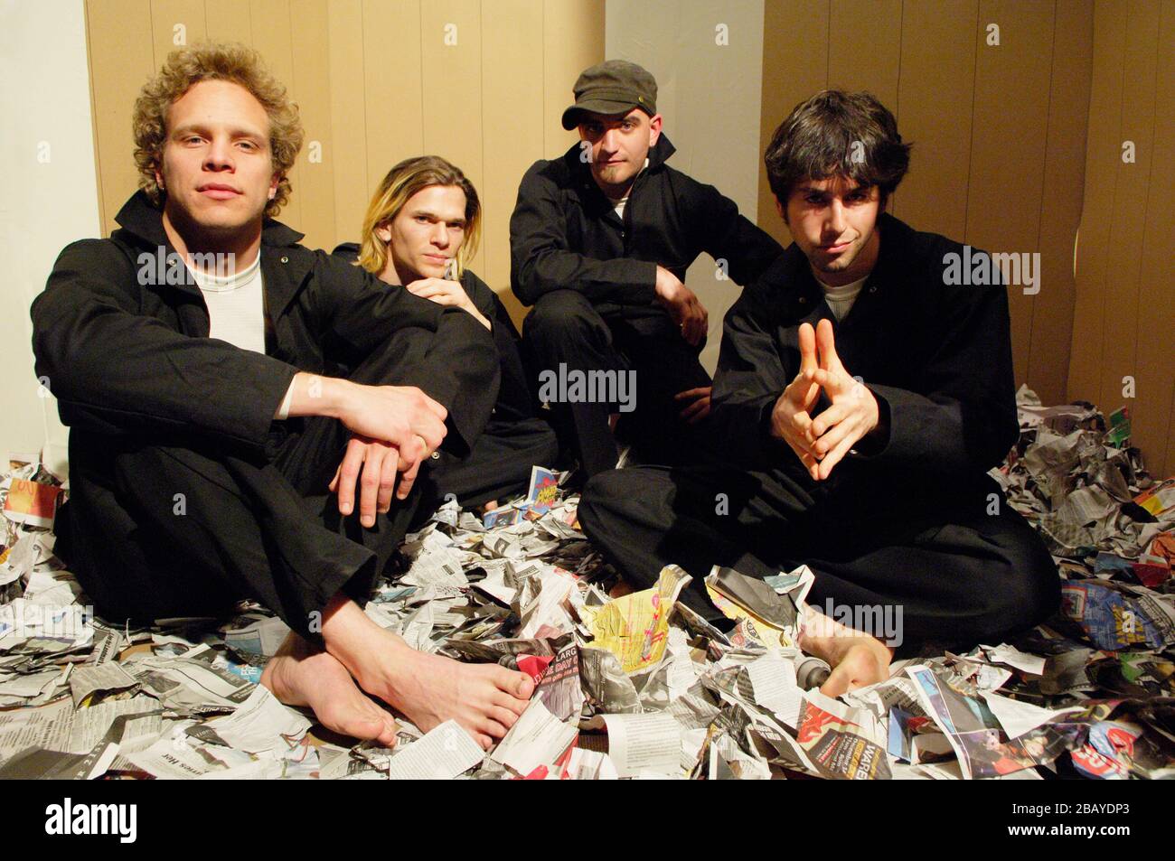 (L-R) Exclusive portrait of Side One Dummy recording artist Eli Miller, John Zox, Spencer Swain, Dan Edinberg of Zox working on their new music video at Robert Zemeckis Center for Digital Arts in Los Angeles, CA. Stock Photo