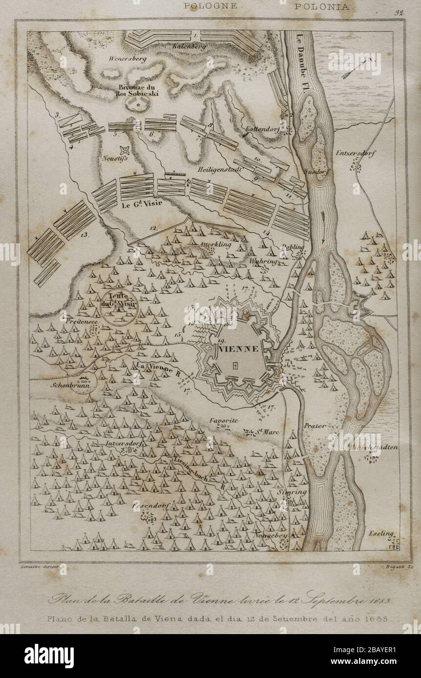 Plano de la Batalla de Kahlenberg o Segundo Asedio de Viena (12 de septiembre de 1683), tras dos meses de asedio del Imperio Otomano a la ciudad, con victoria final del Sacro Imperio Romano Germánico, la Mancomunidad de Polonia-Lituania y la Liga Santa. Grabado por Lemaitre y Bigant. Historia de Polonia, por Charles Foster. Panorama Universal, edición española de 1840. Stock Photo