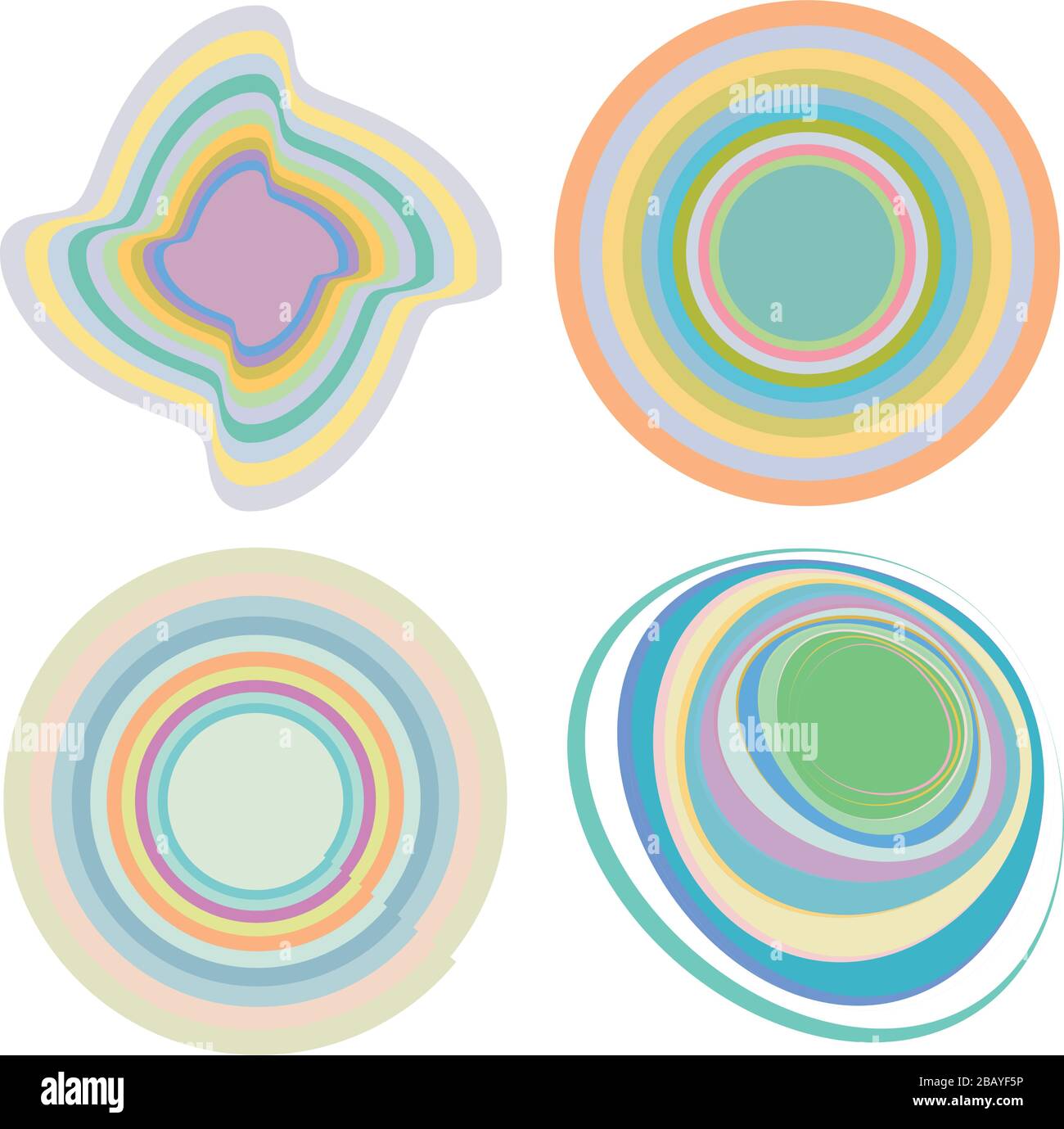 set of creamy, pastel smudged, smeared colorful, multi-color concentric, cyclic rings of different shapes. revolved spirals, vortexes, swirls and twir Stock Vector